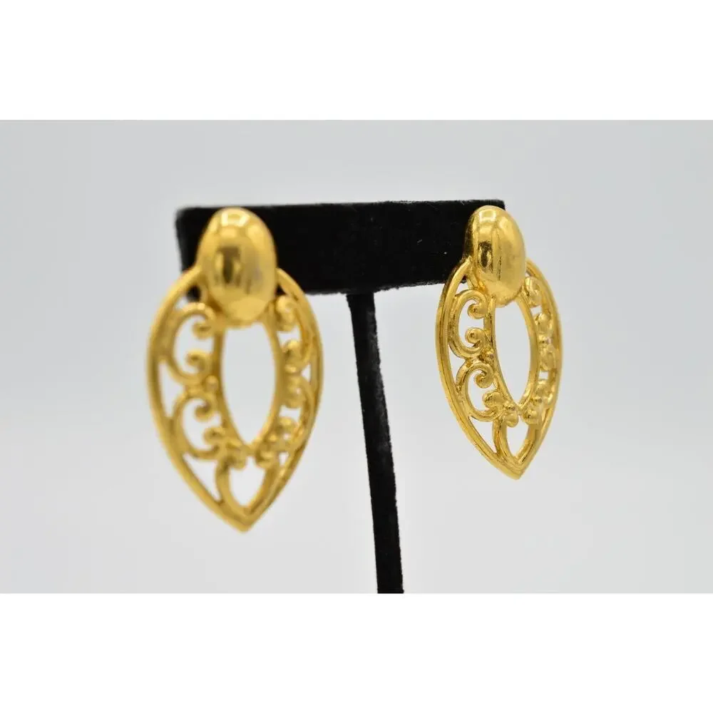 Vintage Earrings Post Brushed Antiqued Gold Dangle Chic Statement 1980s 9L